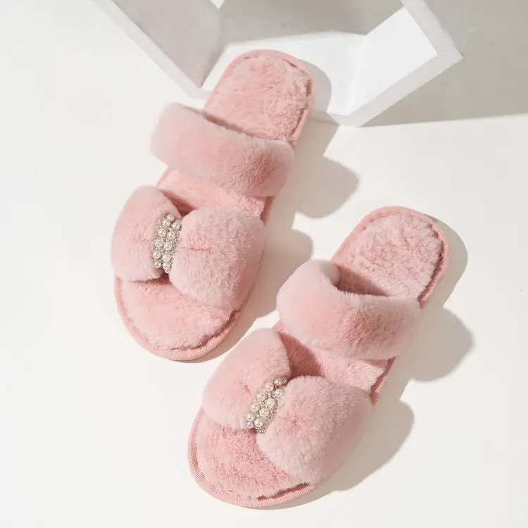 Cross-Border Foreign Trade Plush Cotton Slippers Rhinestone Pearl Autumn and Winter New Women's Flat Open-Toe Home Plush Slippers Wholesale — feature 5
