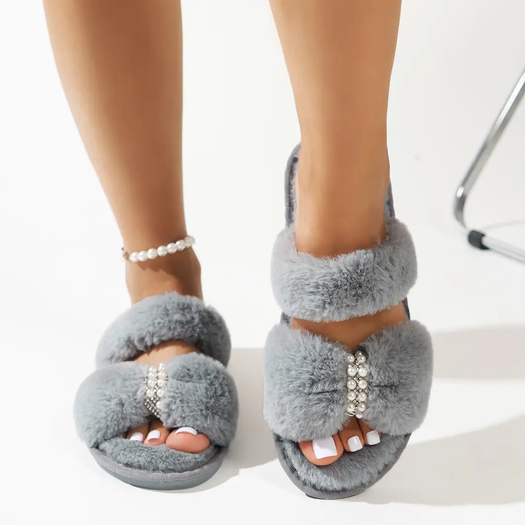 Cross-Border Foreign Trade Plush Cotton Slippers Rhinestone Pearl Autumn and Winter New Women's Flat Open-Toe Home Plush Slippers Wholesale