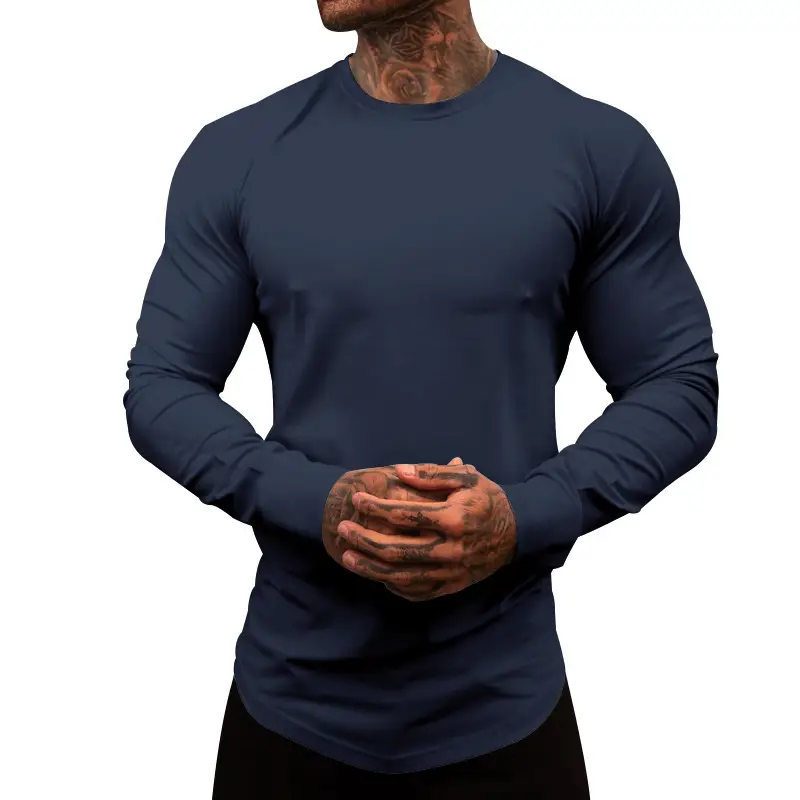 Men's Blue Long Sleeve Round Neck T-Shirt - Image 12
