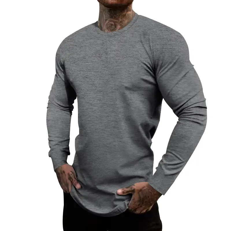 Men's Blue Long Sleeve Round Neck T-Shirt - Image 7