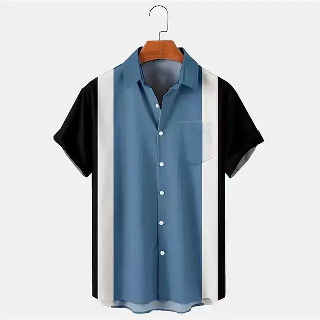 Men's 3D Printed Striped Short Sleeve Shirt Teal Grey - Image 24