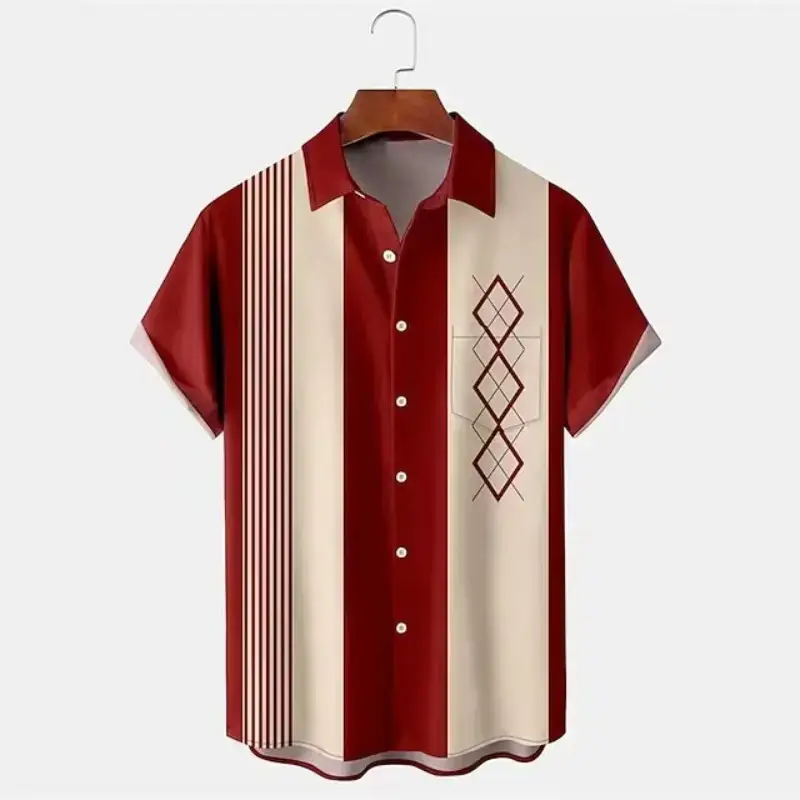 Men's 3D Printed Striped Short Sleeve Shirt Teal Grey — feature 3