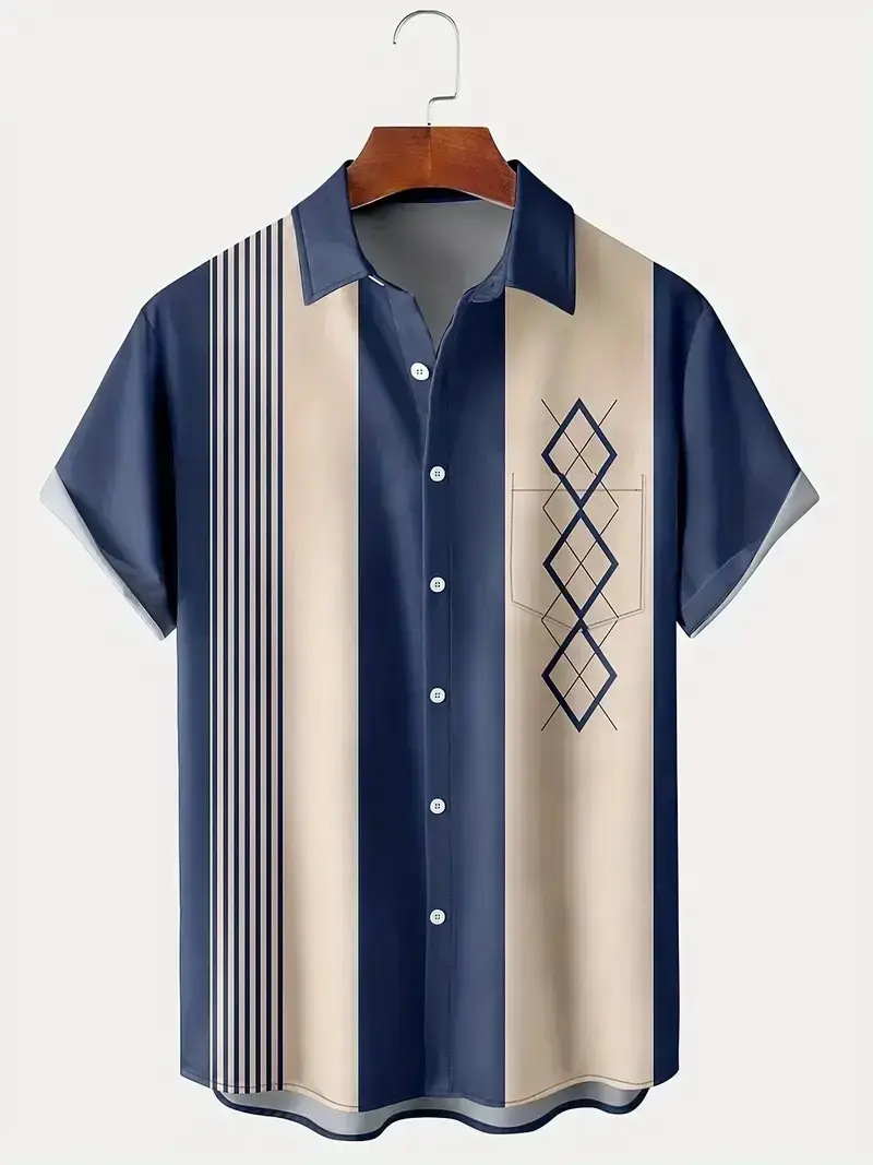 Men's 3D Printed Striped Short Sleeve Shirt Teal Grey — feature 4