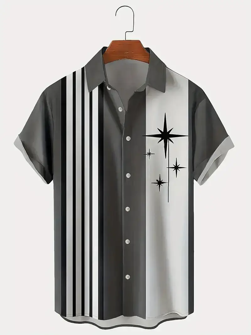 Men's 3D Printed Striped Short Sleeve Shirt Teal Grey - Image 10