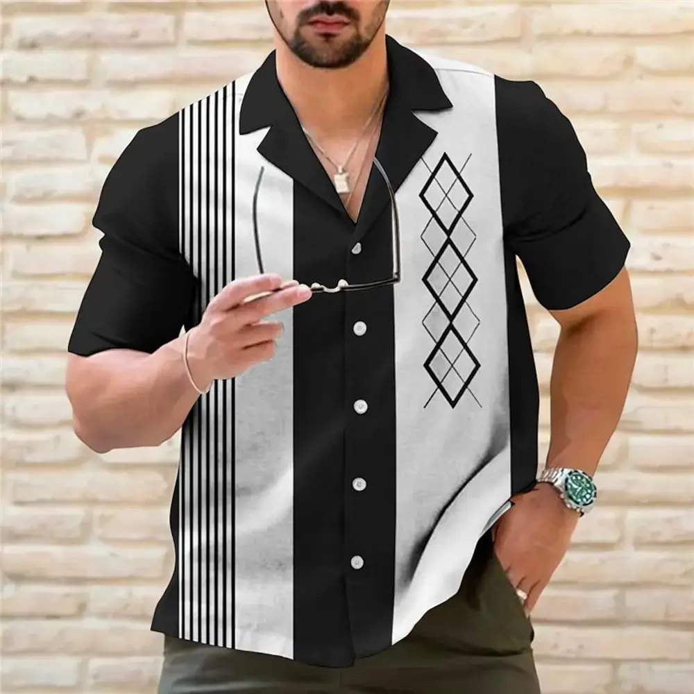 Men's 3D Printed Striped Short Sleeve Shirt Teal Grey - Image 11