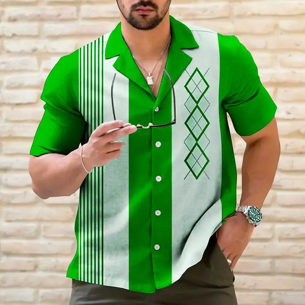 Men's 3D Printed Striped Short Sleeve Shirt Teal Grey - Image 12