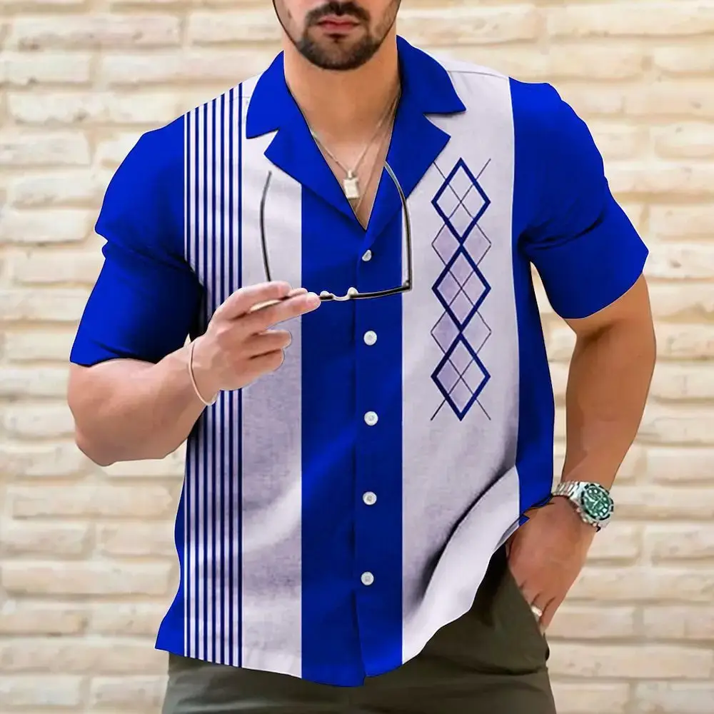 Men's 3D Printed Striped Short Sleeve Shirt Teal Grey - Image 13