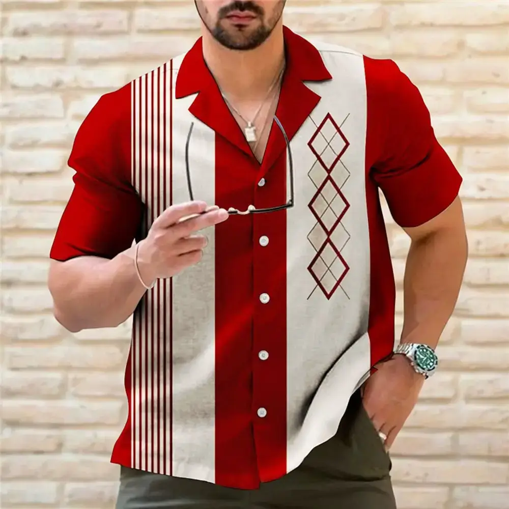 Men's 3D Printed Striped Short Sleeve Shirt Teal Grey - Image 14
