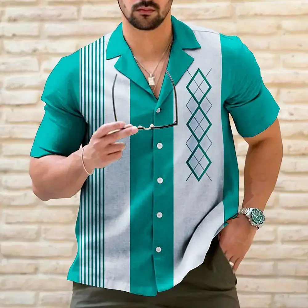 Men's 3D Printed Striped Short Sleeve Shirt Teal Grey - Image 15