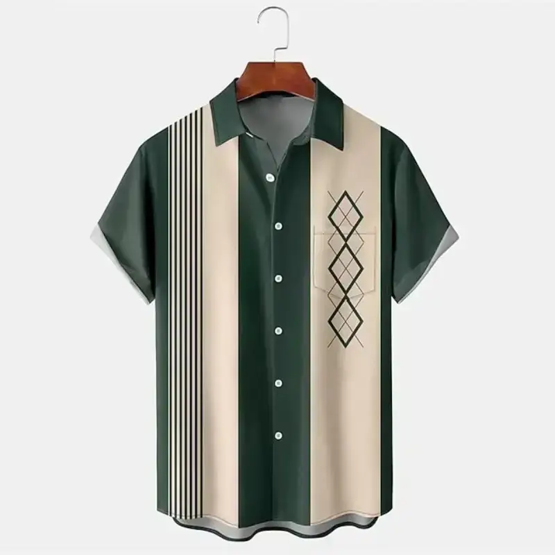 Men's 3D Printed Striped Short Sleeve Shirt Teal Grey - Image 3