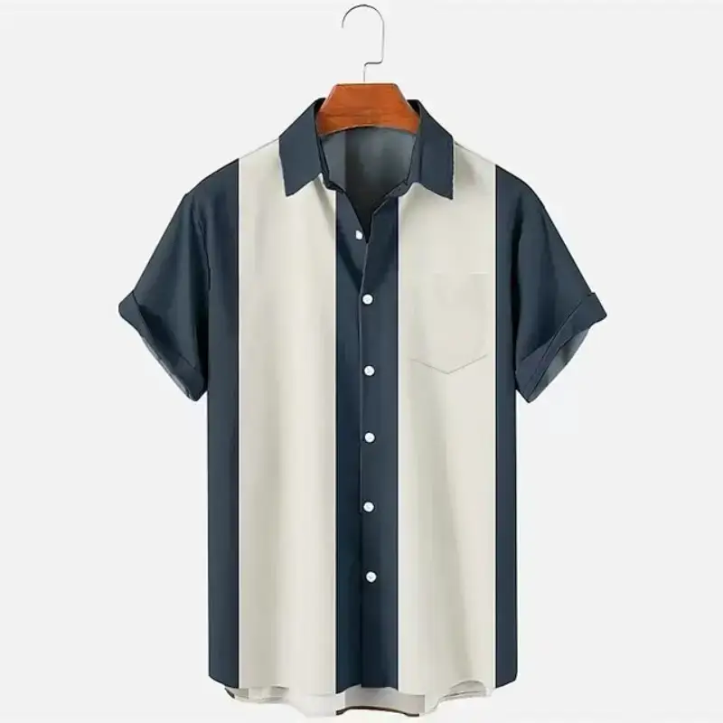 Men's 3D Printed Striped Short Sleeve Shirt Teal Grey - Image 8