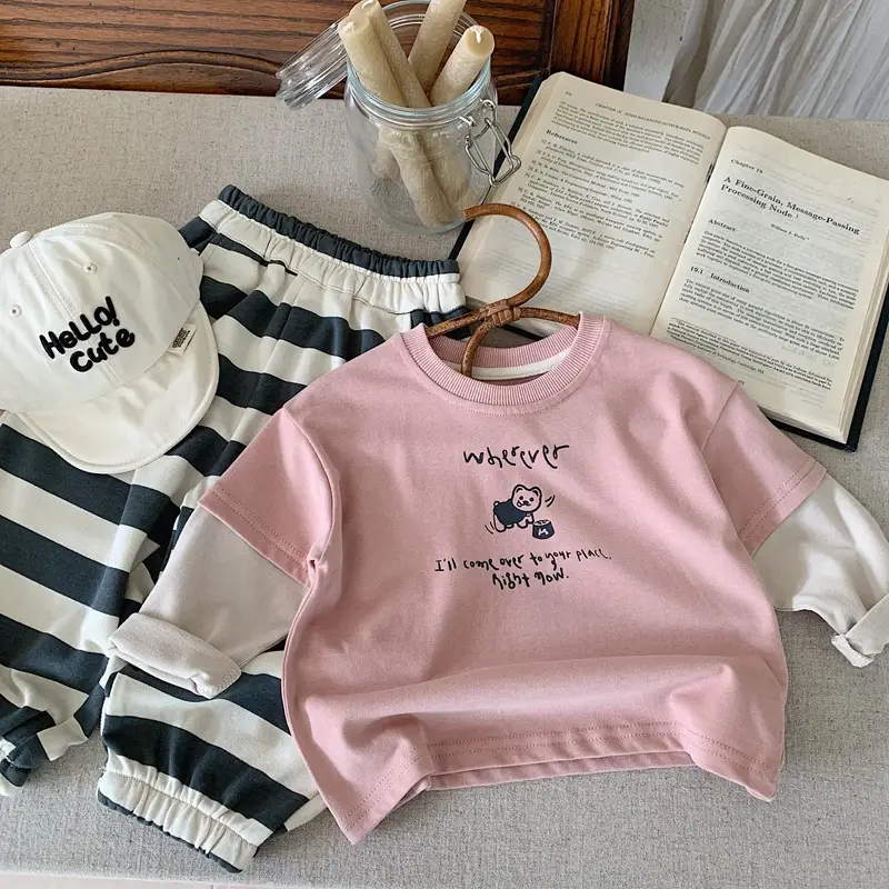 Pink Korean Kids T-Shirt Set for Boys Girls Spring Autumn - Image 4