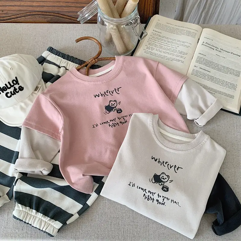 Pink Korean Kids T-Shirt Set for Boys Girls Spring Autumn — feature 9