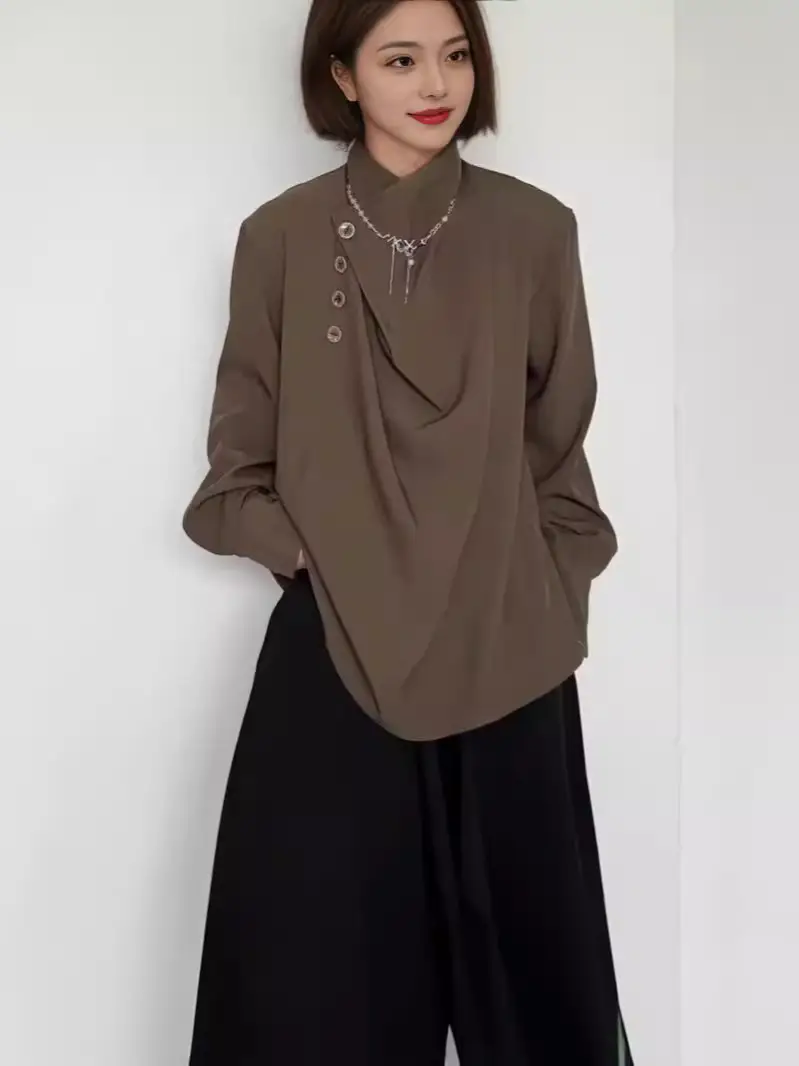 Men's Long Sleeve Draped Shirt Grey Black Set