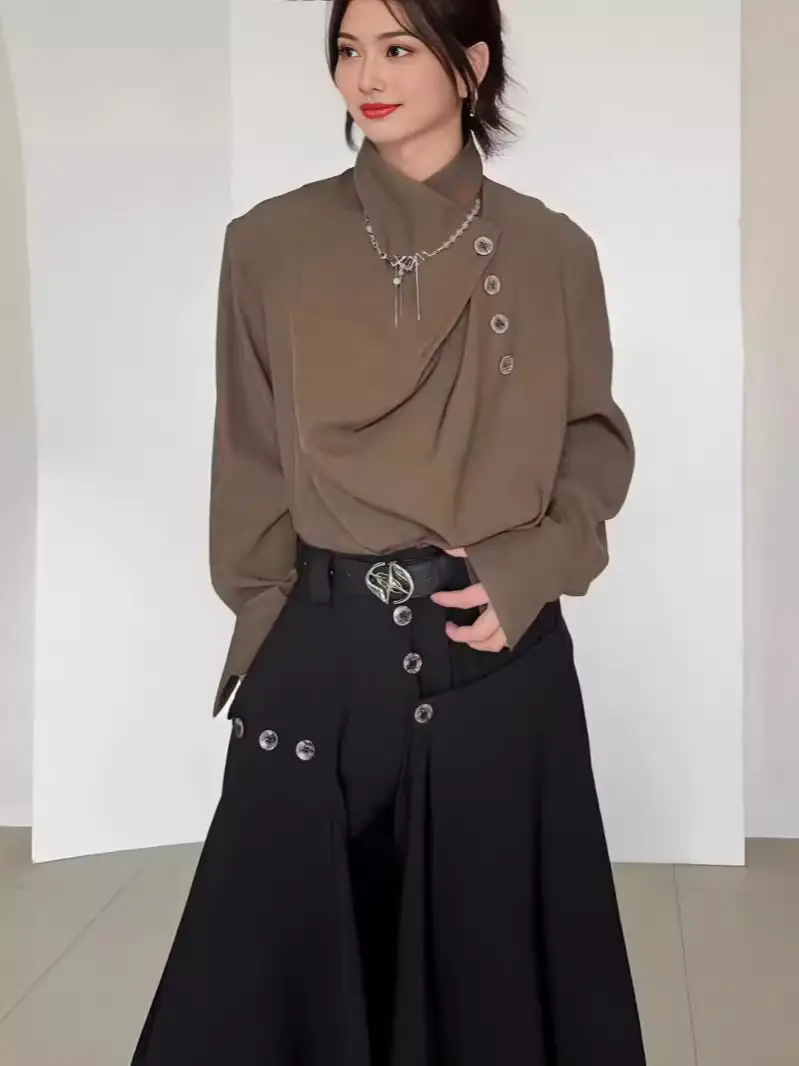 Men's Long Sleeve Draped Shirt Grey Black Set