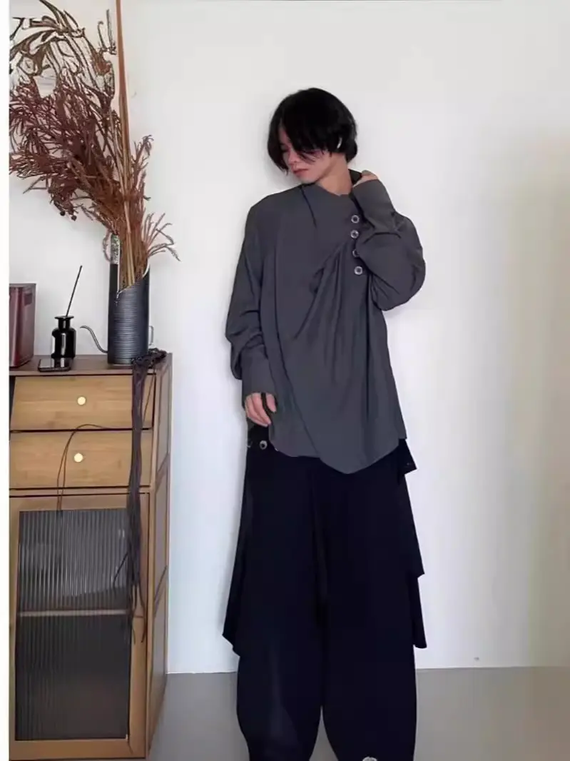 Men's Long Sleeve Draped Shirt Grey Black Set
