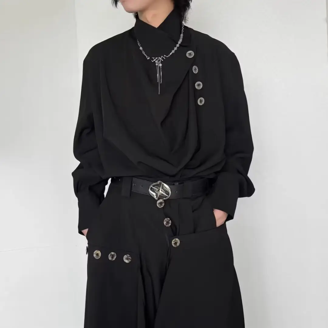 Men's Long Sleeve Draped Shirt Grey Black Set — feature 4