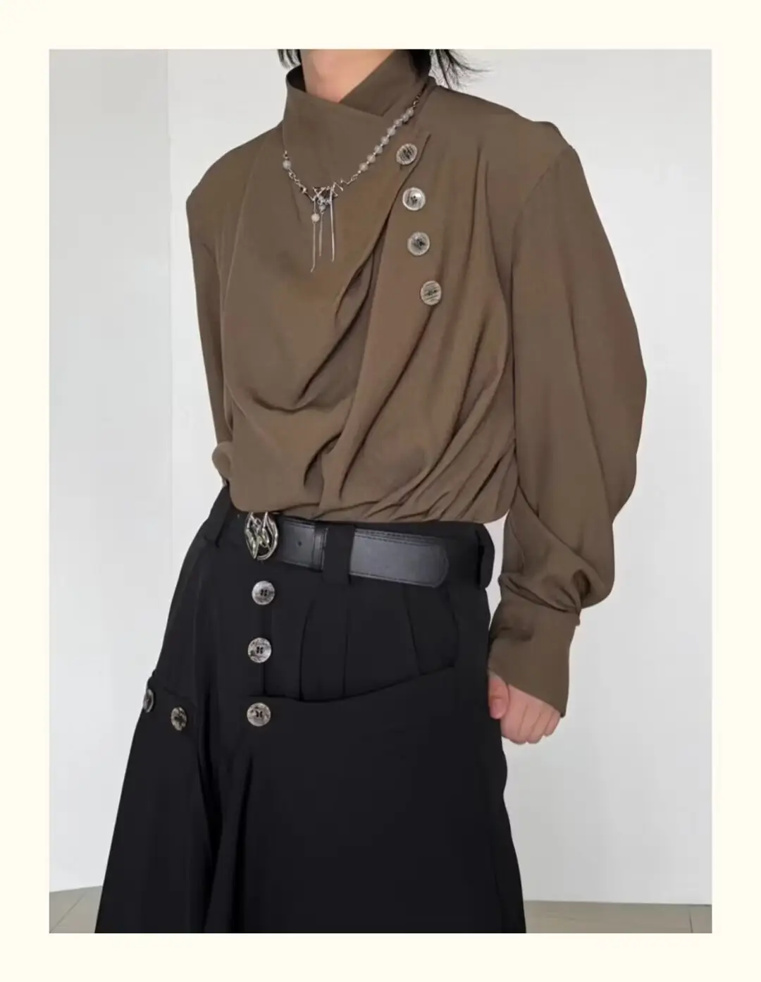 Men's Long Sleeve Draped Shirt Grey Black Set — feature 7
