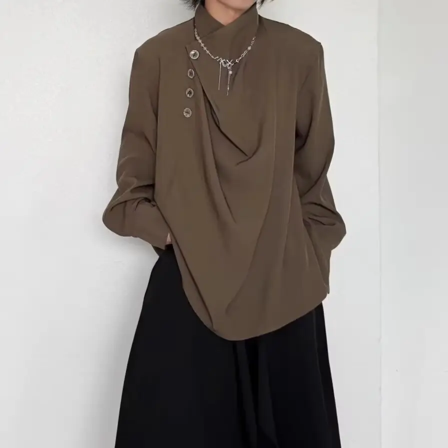 Men's Long Sleeve Draped Shirt Grey Black Set
