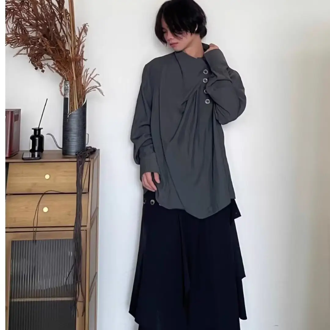 Men's Long Sleeve Draped Shirt Grey Black Set