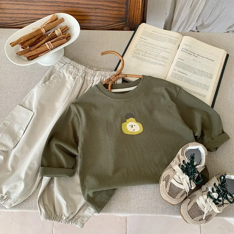 Boys Long Sleeve Cotton T-Shirt Green Yellow Print - Image 2