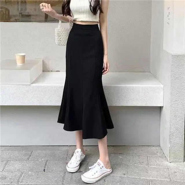 Women Fishtail Skirt Mid Waist Slim Fit Long Sleeve