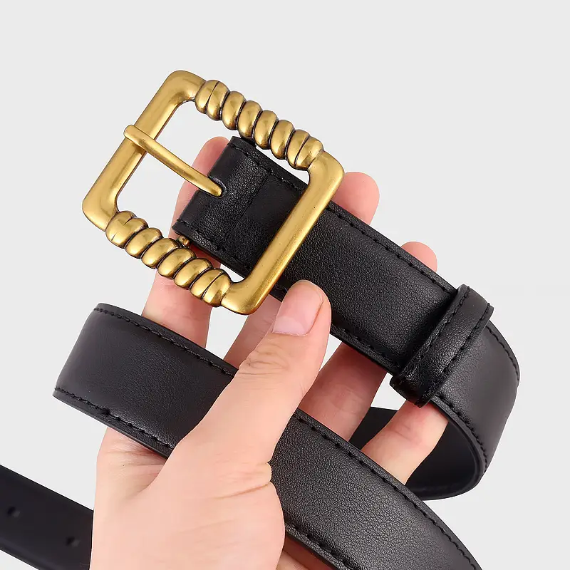 Women's Black Genuine Leather Belt with Gold Buckle - Image 5