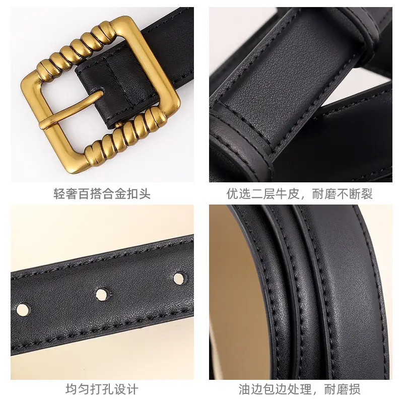 Women's Black Genuine Leather Belt with Gold Buckle - Image 6