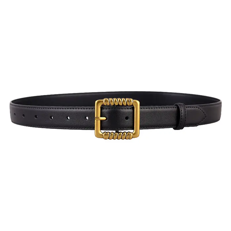 Women's Black Genuine Leather Belt with Gold Buckle - Image 8