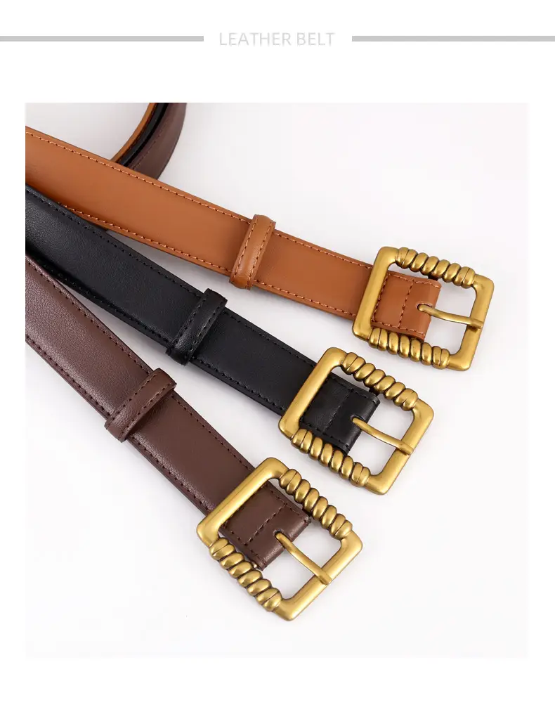 Women's Black Genuine Leather Belt with Gold Buckle — feature 24