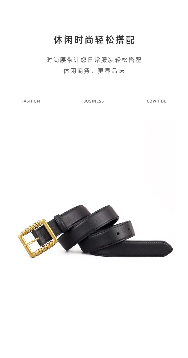 Women's Black Genuine Leather Belt with Gold Buckle — feature 27