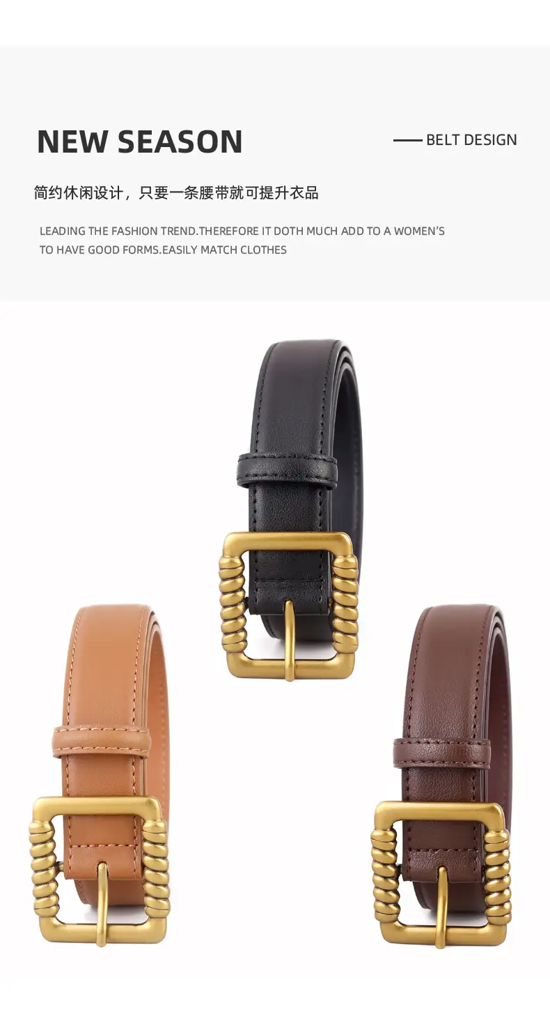 Women's Black Genuine Leather Belt with Gold Buckle — feature 30