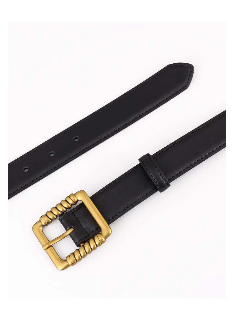 Women's Black Genuine Leather Belt with Gold Buckle — feature 31
