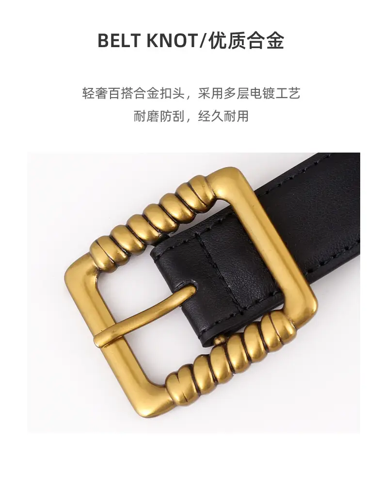 Women's Black Genuine Leather Belt with Gold Buckle — feature 33