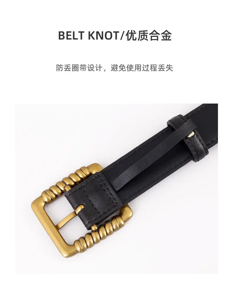 Women's Black Genuine Leather Belt with Gold Buckle — feature 34