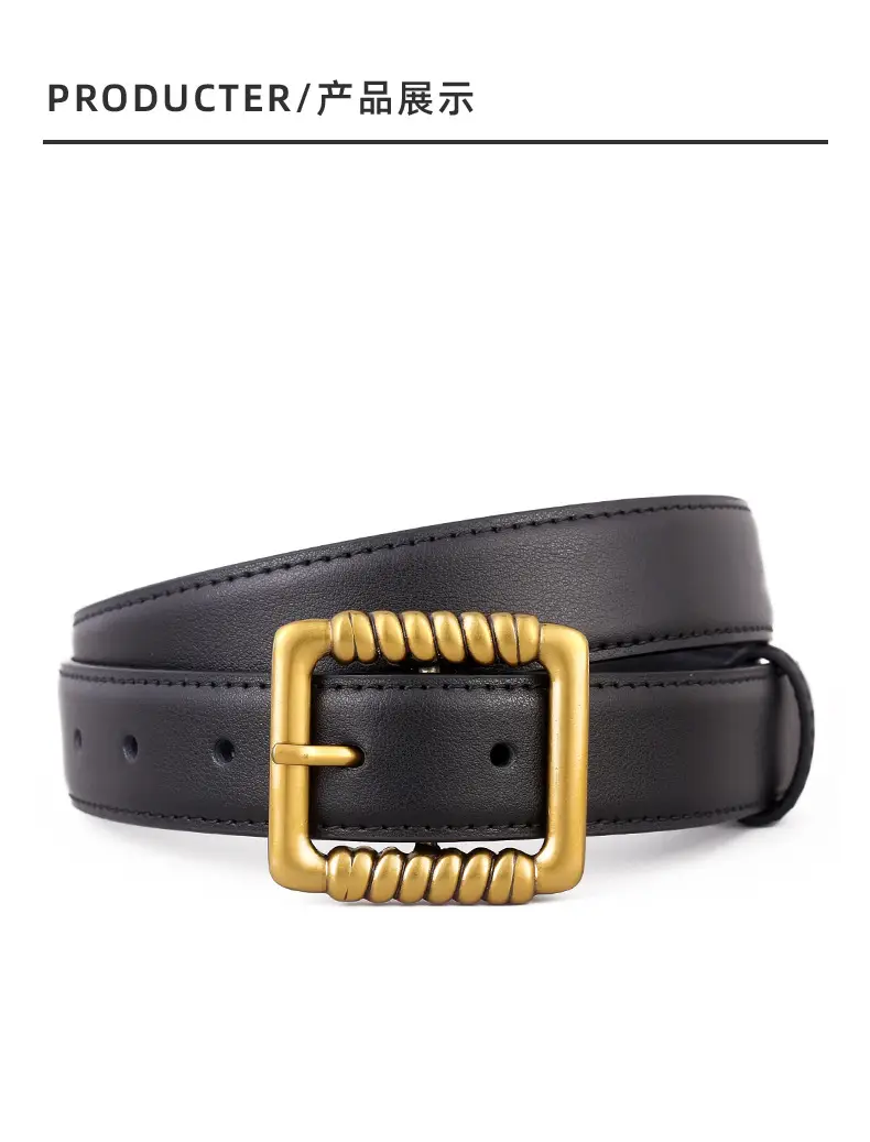 Women's Black Genuine Leather Belt with Gold Buckle — feature 37