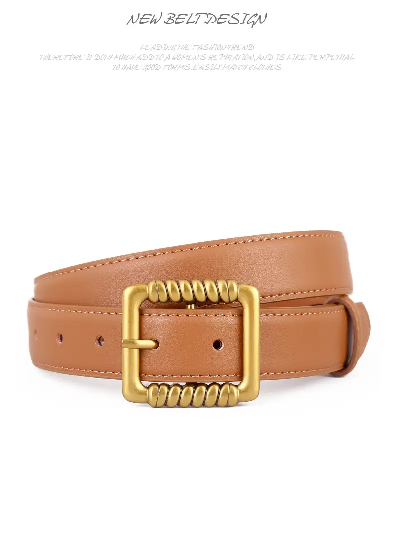 Women's Black Genuine Leather Belt with Gold Buckle — feature 38