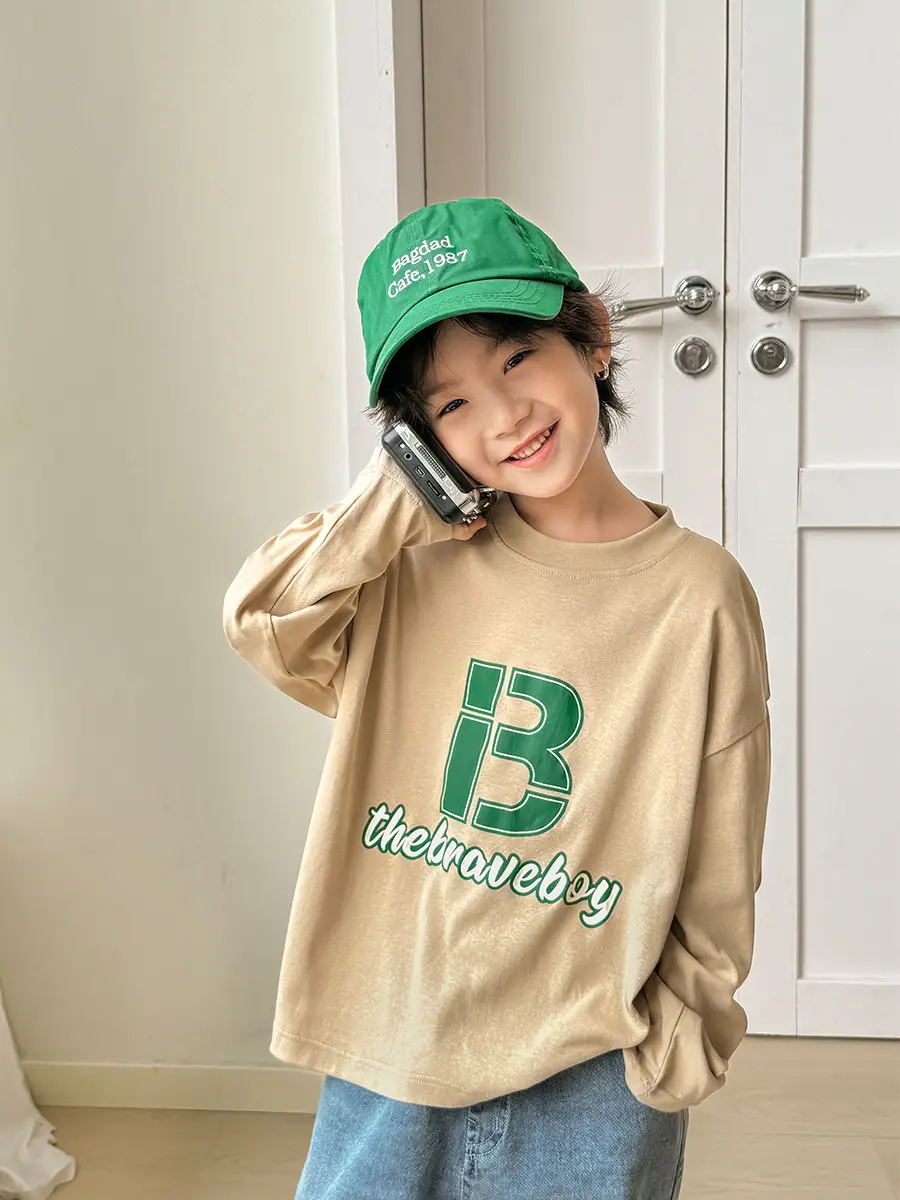 Haima Boys Long Sleeve Letter Print T-Shirt Beige - Image 4