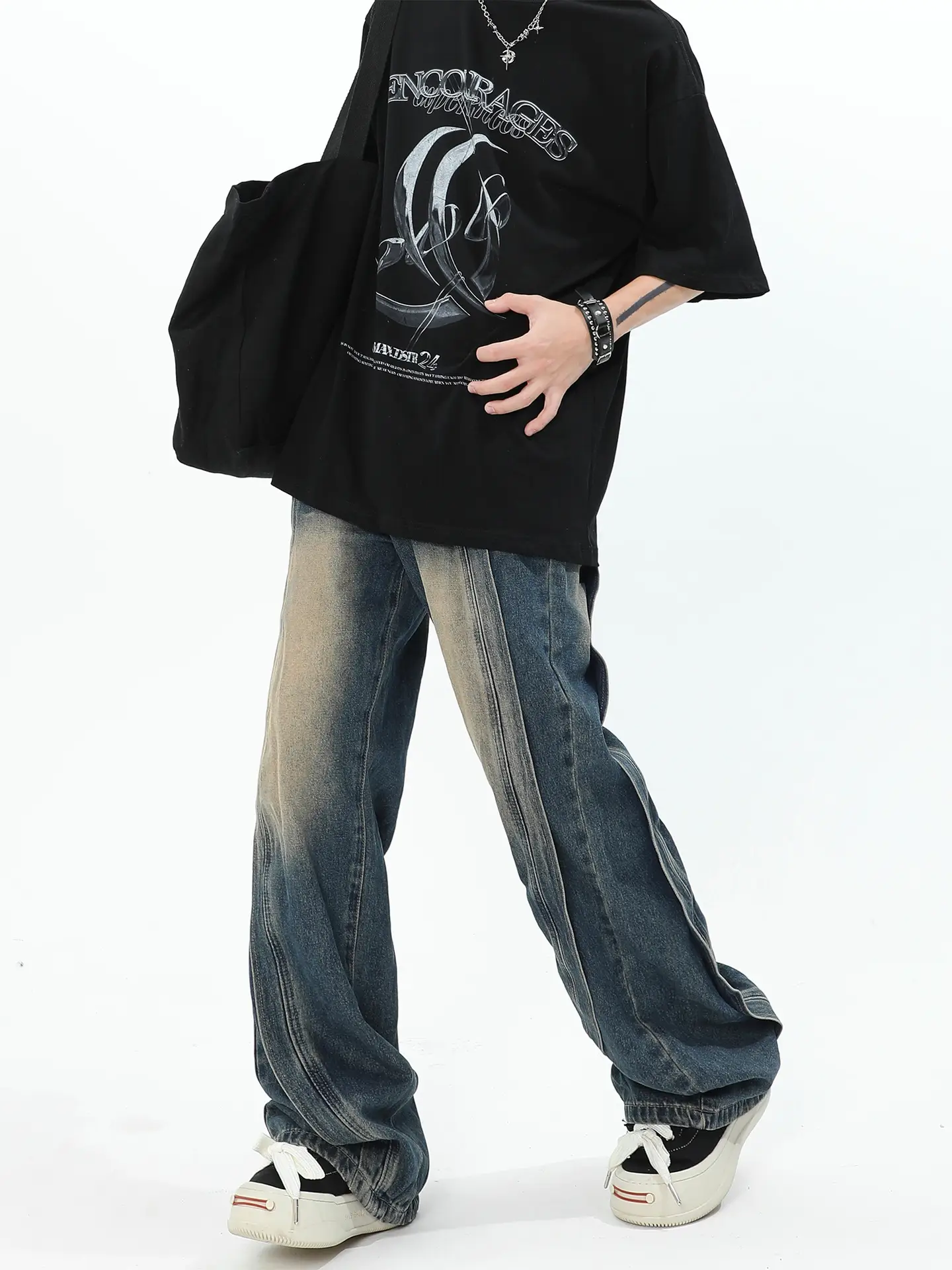 Men Wide Leg Denim Jeans 2024 Loose Fit High Street — feature 3