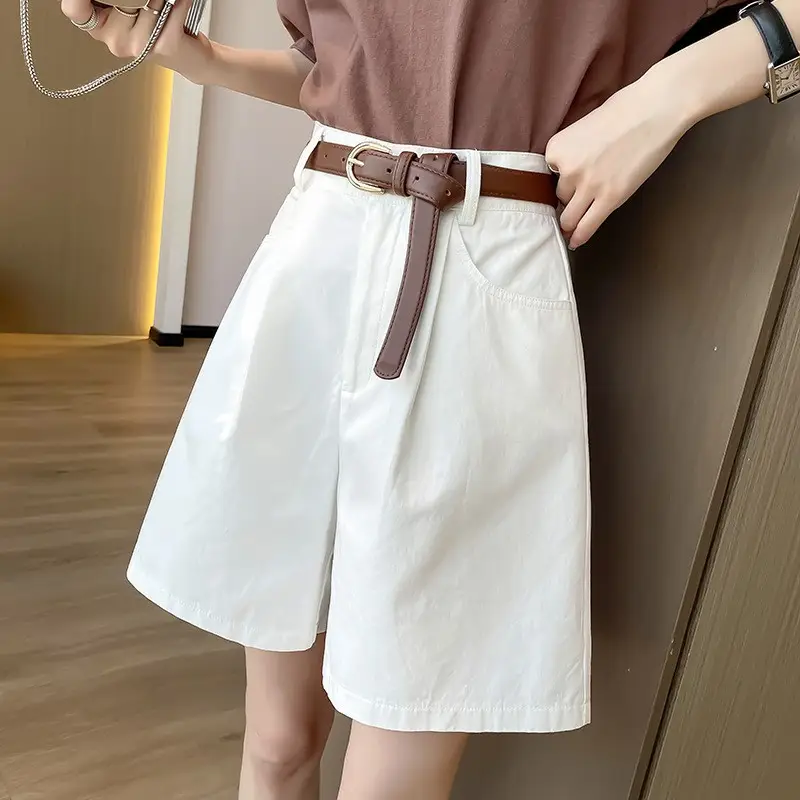 Women Cotton Belt Shorts White High Waist Slimming - Image 7