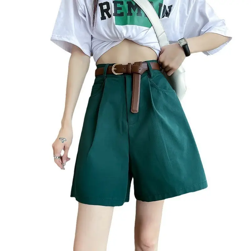 Women Cotton Belt Shorts White High Waist Slimming - Image 9