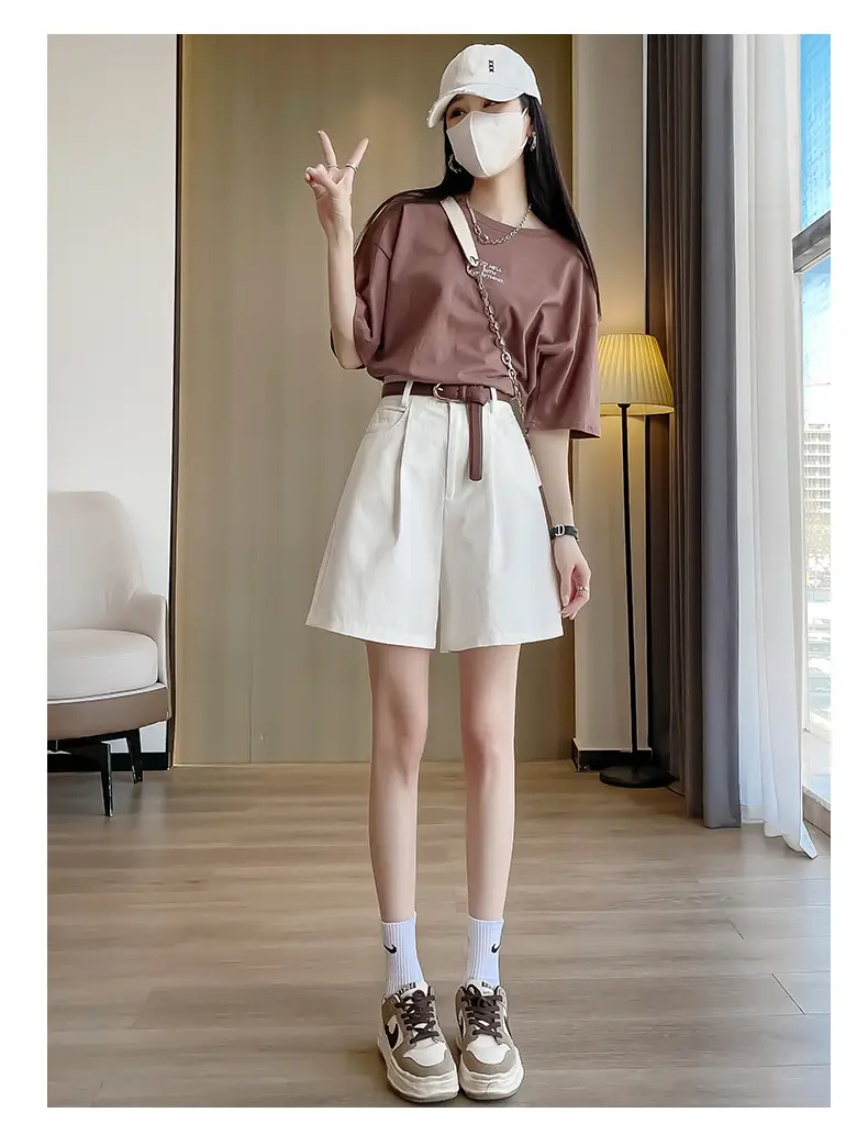 Women Cotton Belt Shorts White High Waist Slimming — feature 19