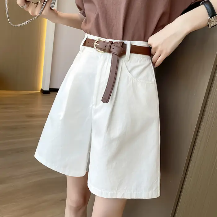 Women Cotton Belt Shorts White High Waist Slimming - Image 3
