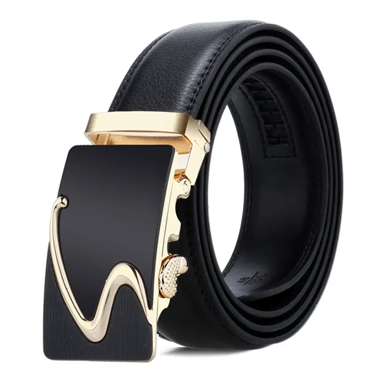 Men's Black Leather Belt with Gold Buckle
