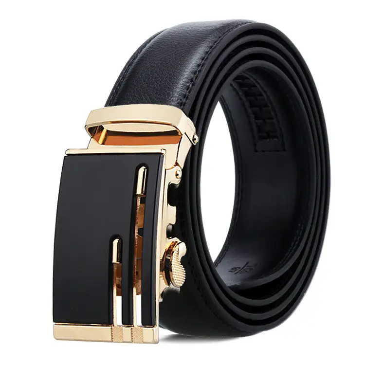 Men's Black Leather Belt with Gold Buckle