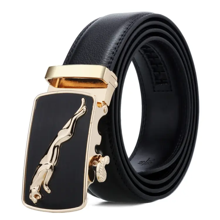 Men's Black Leather Belt with Gold Buckle