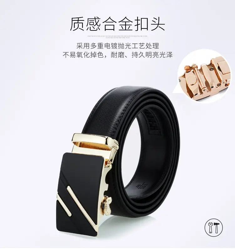 Men's Black Leather Belt with Gold Buckle — feature 3