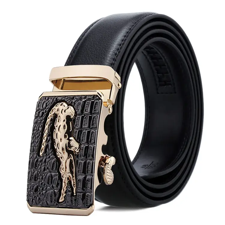 Men's Black Leather Belt with Gold Buckle