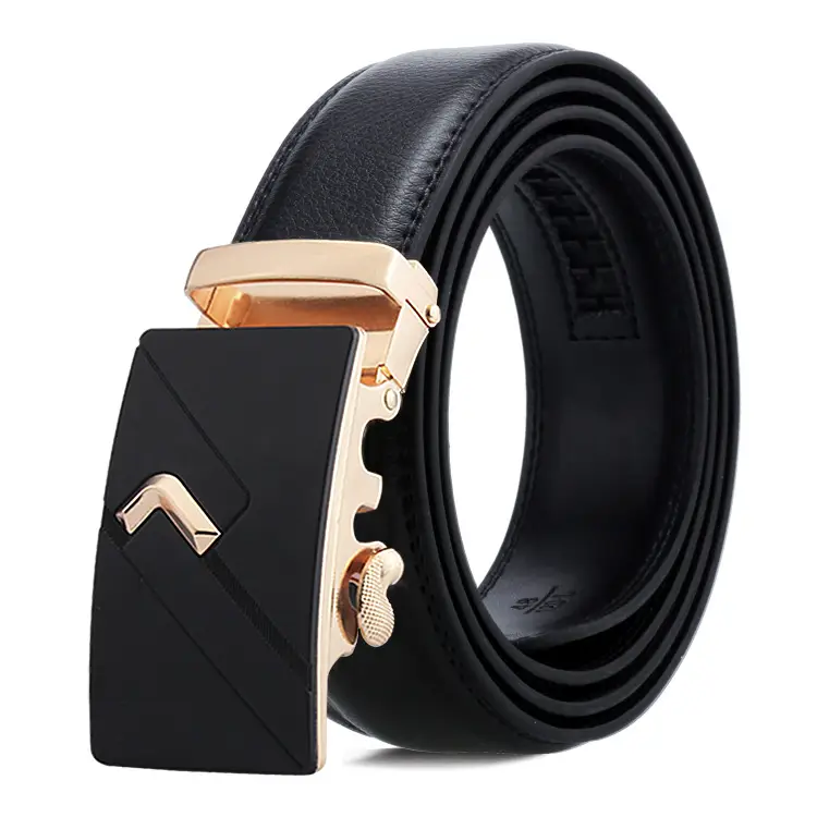Men's Black Leather Belt with Gold Buckle