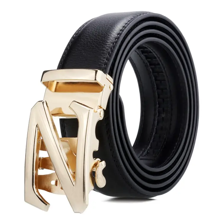 Men's Black Leather Belt with Gold Buckle